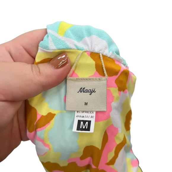 Maaji Smocked Twist Front Bikini Top Blue Palm Tree Tropical Print Size Medium - Picture 9 of 11